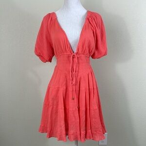 NWT Free People Coral puff sleeve tie back v neck mini dress size small